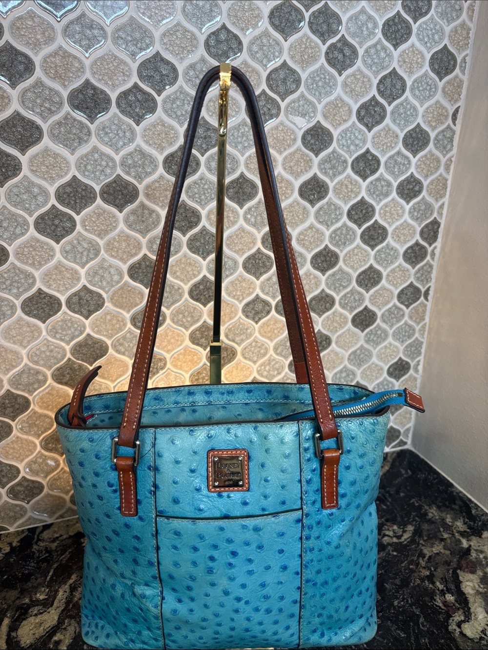 Dooney & Bourke Turquoise Ostrich-Embossed Shoulder Tote with Brown Trim
